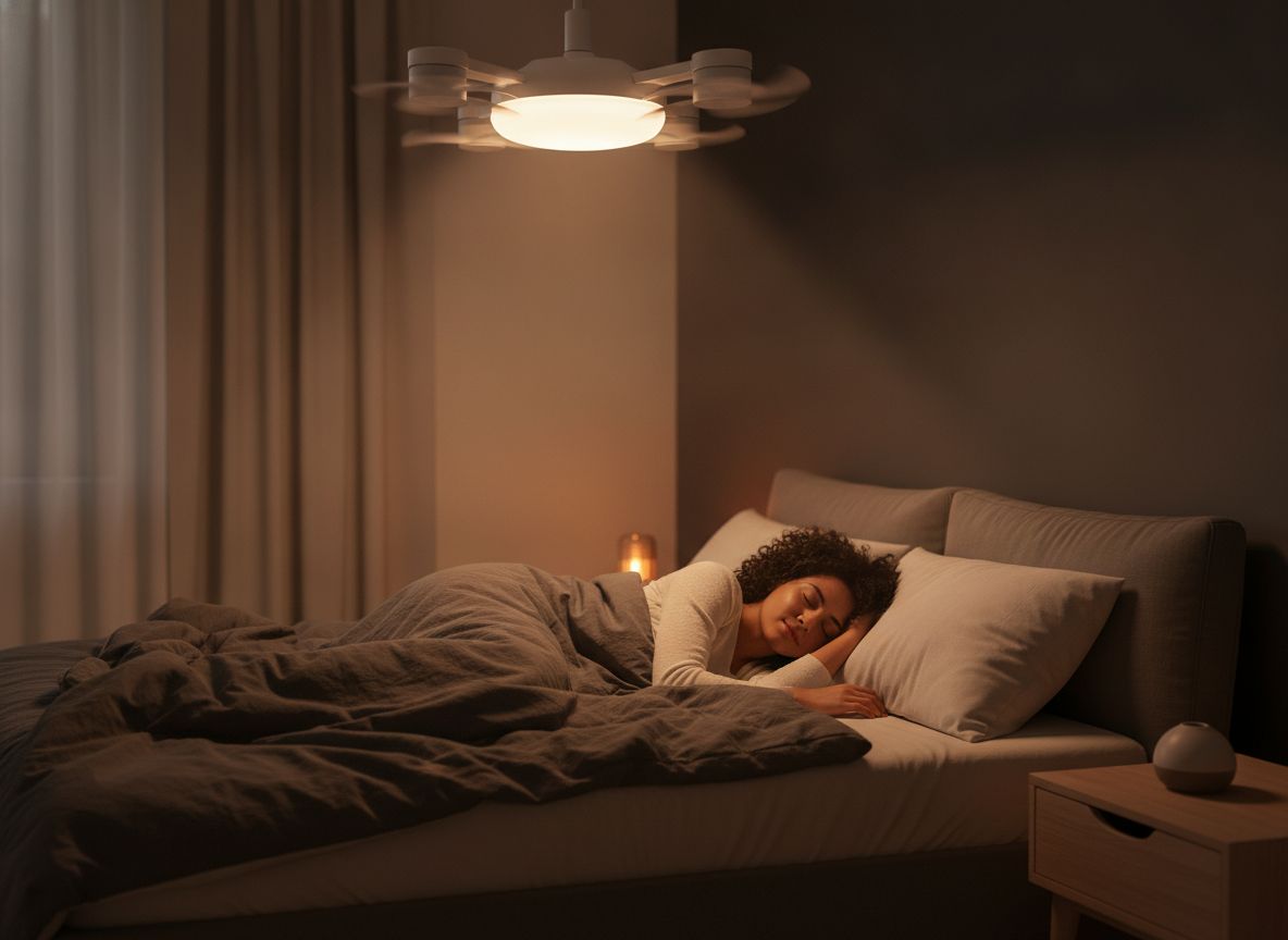 Person sleeping peacefully in a modern bedroom at night, with a drone-style ceiling fan light subtly illuminating the room.