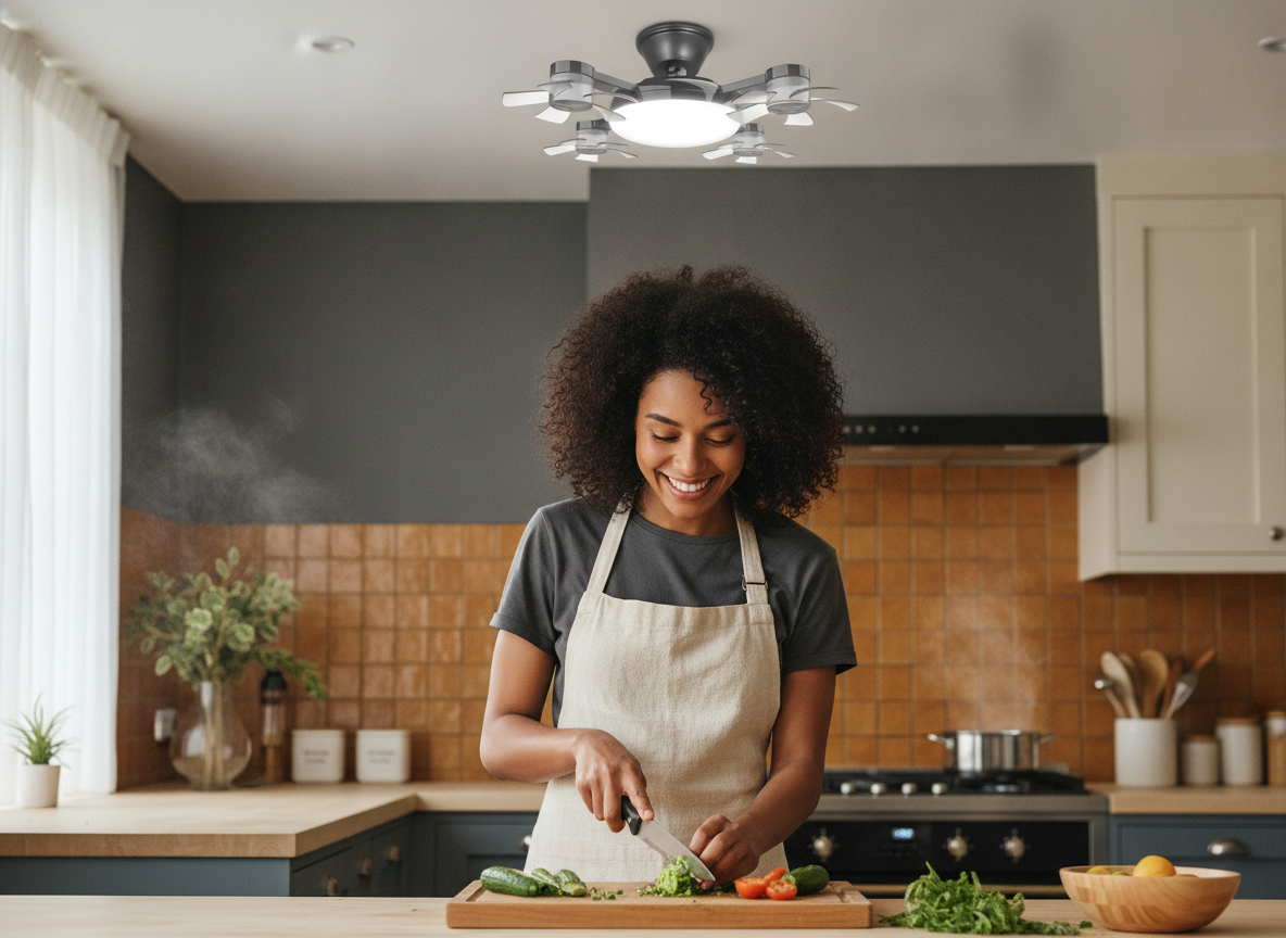 Person cooking in a modern kitchen with a drone-style 2-in-1 fan light installed overhead, providing light and a breeze.