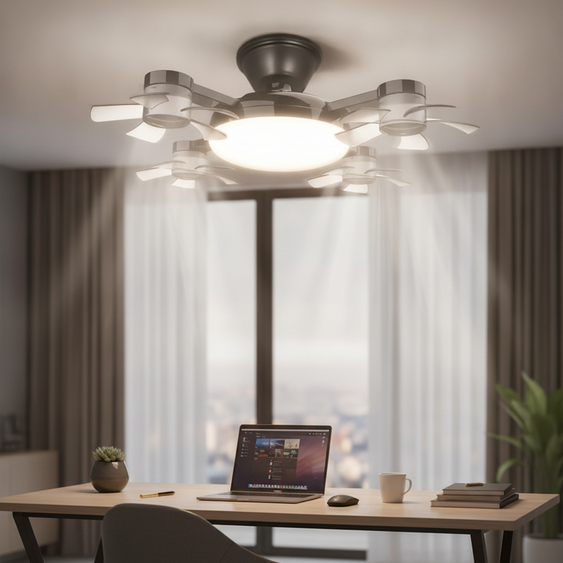 A close-up of the drone-design E27 fan light installed in a modern home office, emitting bright 6000K daylight.