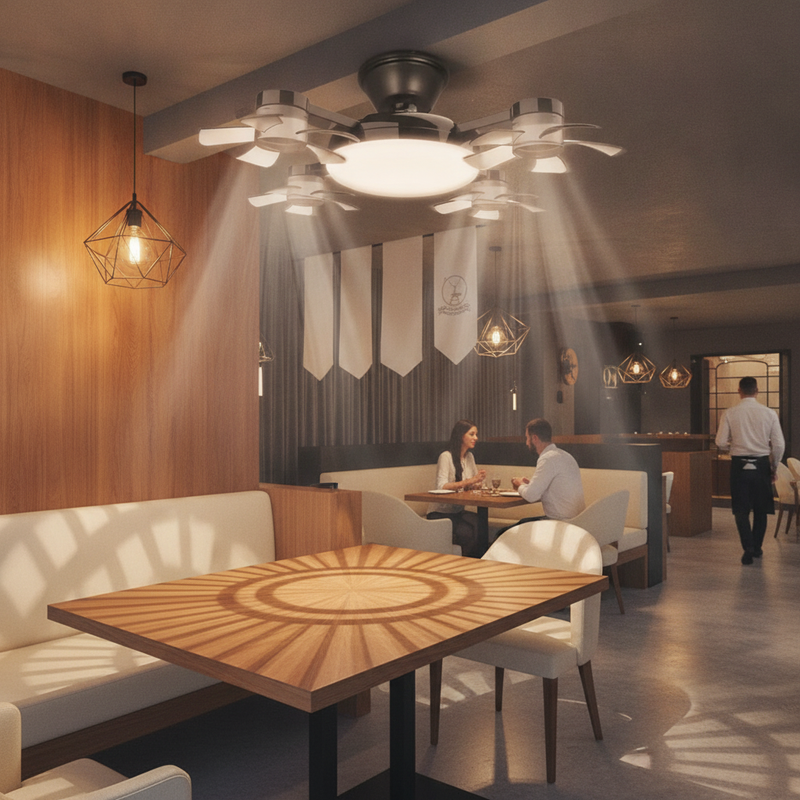 A modern 2-in-1 fan light with collapsible drone blades installed in a stylish home restaurant setting, providing light and a
